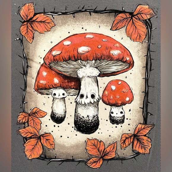 Stephanie Bayles Skeleton Mushroom Graphic Tshirt Fall Halloween 2022 Size Med. - Picture 1 of 6